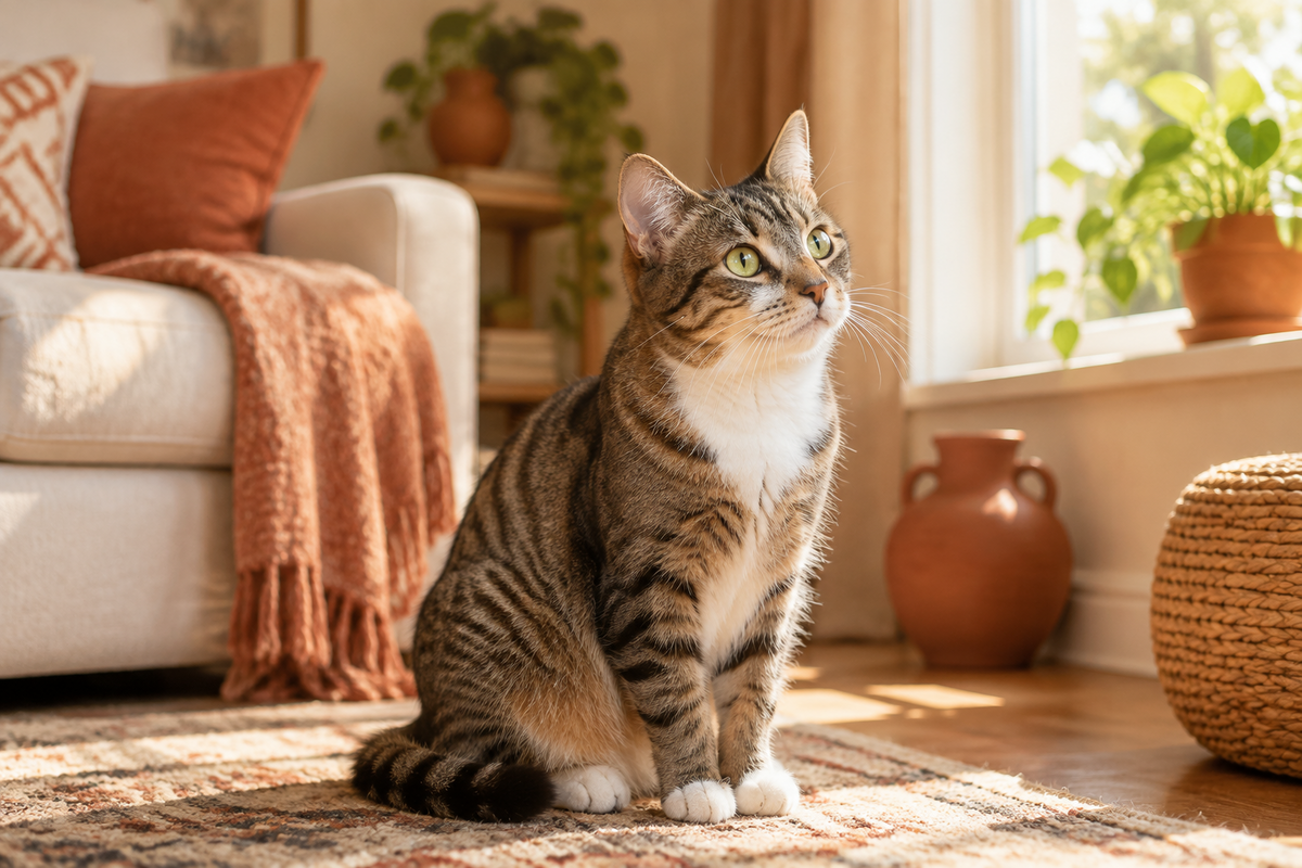 Curious cat with striking blue eyes looking directly at the camera