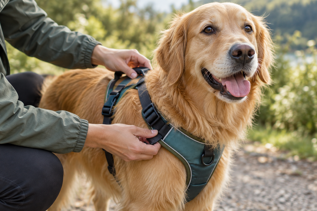 Dog being fitted with a properly adjusted safety harness