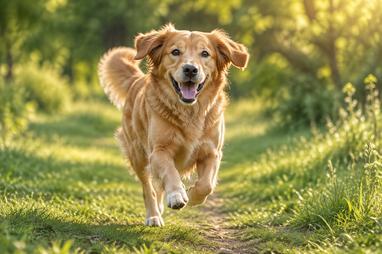 Happy dog running mid-leap along a green grassy trail