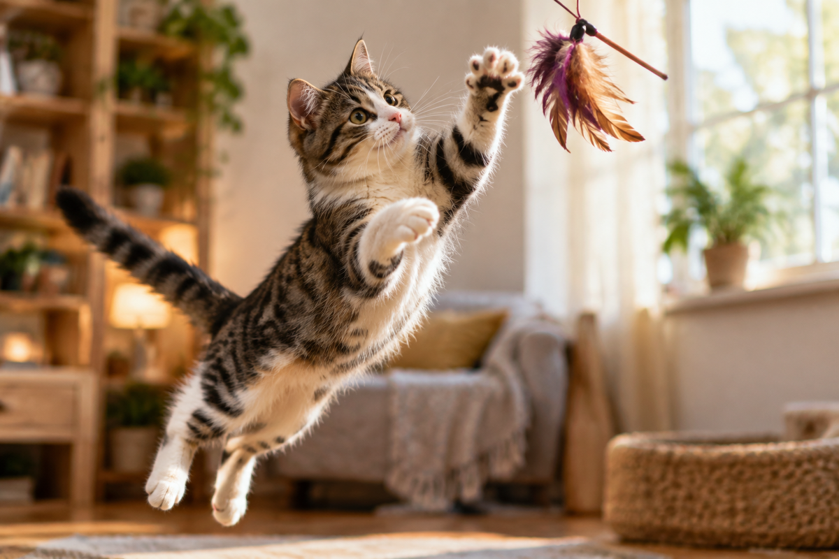 Cat playing and relaxing near a window