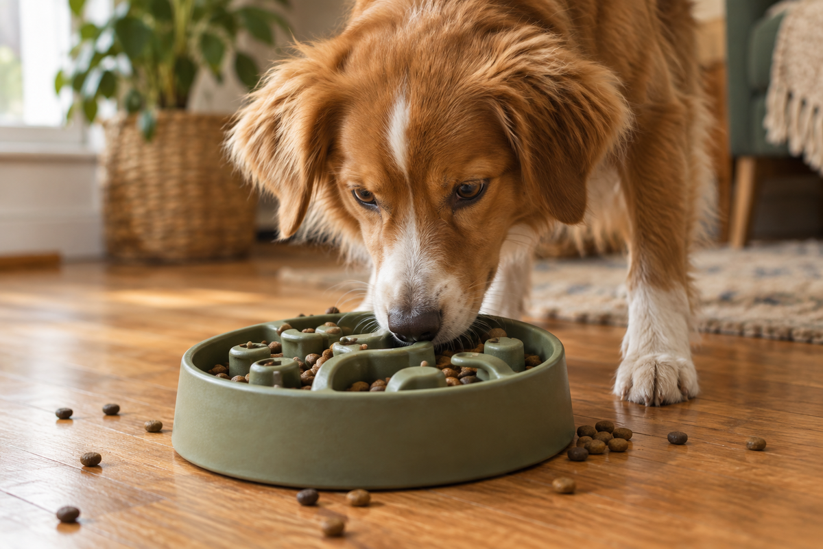 Puppy and kitten enjoying puzzle feeders for mealtime enrichment