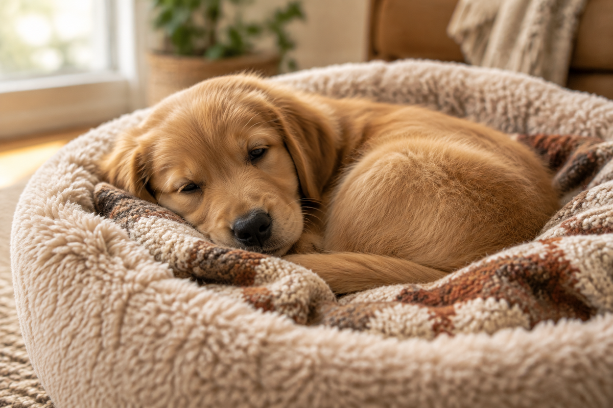 Sleepy puppy curled up in a cozy, comforting bed