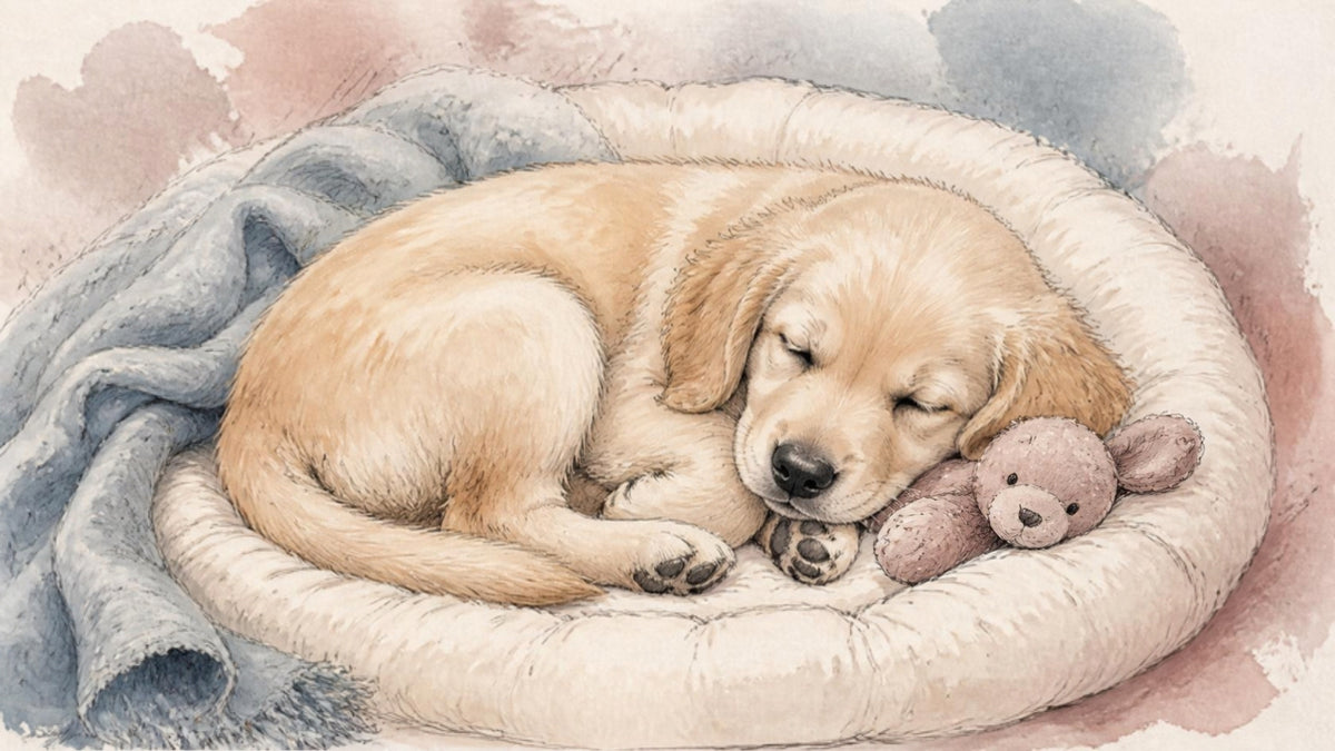Illustration of a sleepy puppy curled up in a cozy bed
