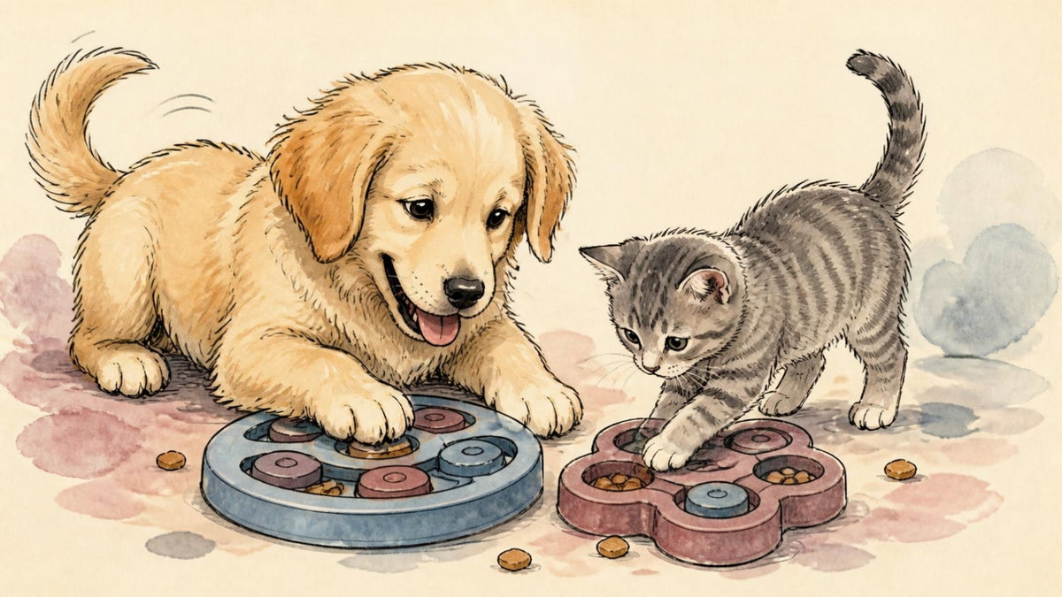 Illustration of a puppy and kitten using puzzle feeders for enrichment