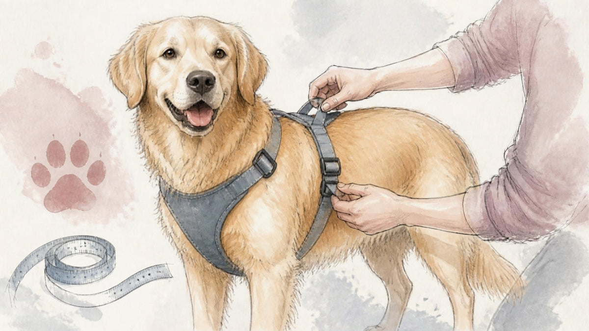 Illustration of a dog being fitted with an adjustable harness